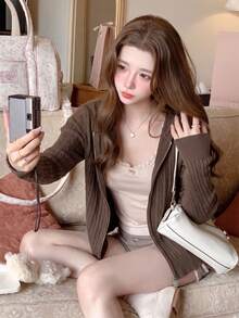 Korean Style Casual Hooded Zip-Up Knit Sweater, Slim Fit Flattering Textured Long Sleeve Top, Versatile Outerwear, Can Be Worn Alone Fall - Brown - View 4