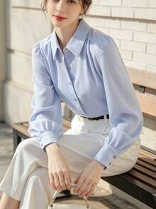 女款優雅藍色襯衫，輕奢高端通勤風，四季皆宜，專業外套上衣，純色前扣鈕扣 - 藍色 - 查看 4