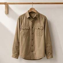 Men's Loose Fit Utility Work Shirt Point Collar Long Sleeve Casual Daily Outdoor Top - Light Brown - View 4