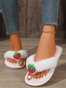 Cute Strawberry Fluffy Women's Flip Flops, Comfortable Plush Faux Fur Open Toe Slippers Sandals, Non-Slip Flat Bottom Indoor Bedroom Slippers - White - View 4