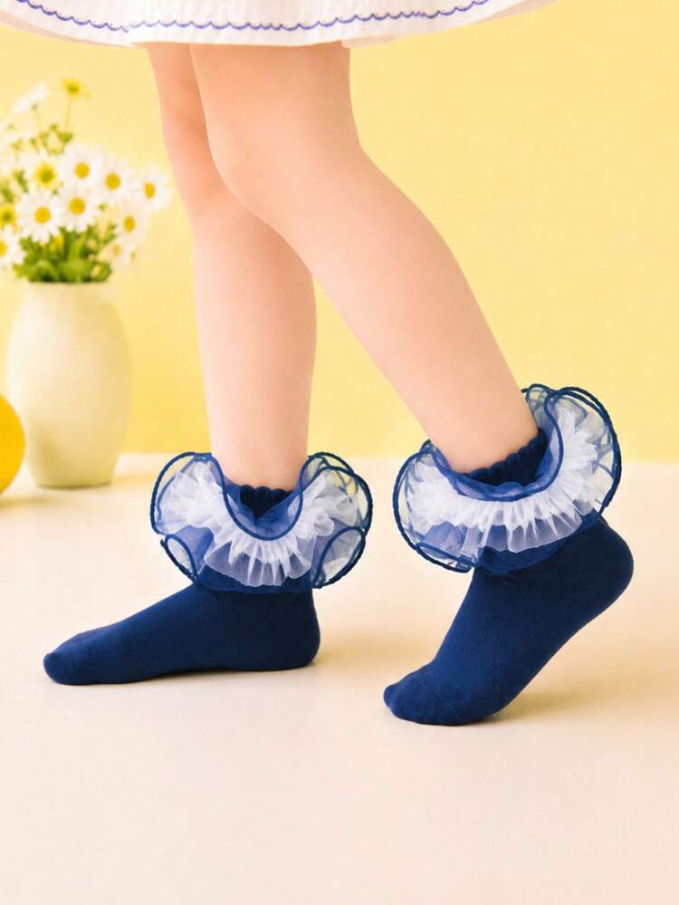 1 Pair Kids' Tulle Frill Ankle Socks, Soft Princess Socks For Girls, Ideal For Dance, Party, Birthday & Daily Wear - Navy Blue - View 2