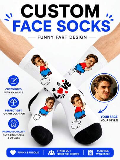 1 Pair Custom Face Socks, Personalized Funny Photo Crew Socks, Put Any Face On Socks, Funny Gag Gift For Boyfriend Husband, Birthday Anniversary Gift