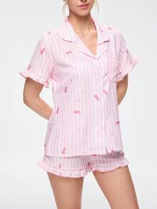 Bonmuse 3件套女式條紋動物字母印花前口袋鈕扣荷葉邊短袖短褲與長褲睡衣套裝，居家服 - 彩色 - 查看 5