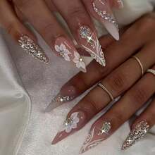 12pcs Long, Teardrop-Shaped, Press-On False Nails With Sparkling Rhinestone Gradient Floral Patterns; A Sweet And Cool European-Style Nail Art Sticker For Women - Multicolor - View 2