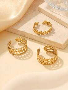 3pcs Stainless Steel 304 Material 18k Gold Plated Leaf Flower Rope Shape Open Ring Set, Adjustable Size, Suitable For Women's Daily Decoration Or Gift, High Quality Rings - Yellow Gold - View 3