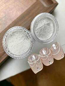 2 Boxes Assorted Mini Irregular Rhinestone & Steel Bead Nail Art Decor, French Rich Girl Style Super Shiny Flat Back Rhinestones, Short Press-On Nails With Storage Box, Manicure Accessories - White - View 1