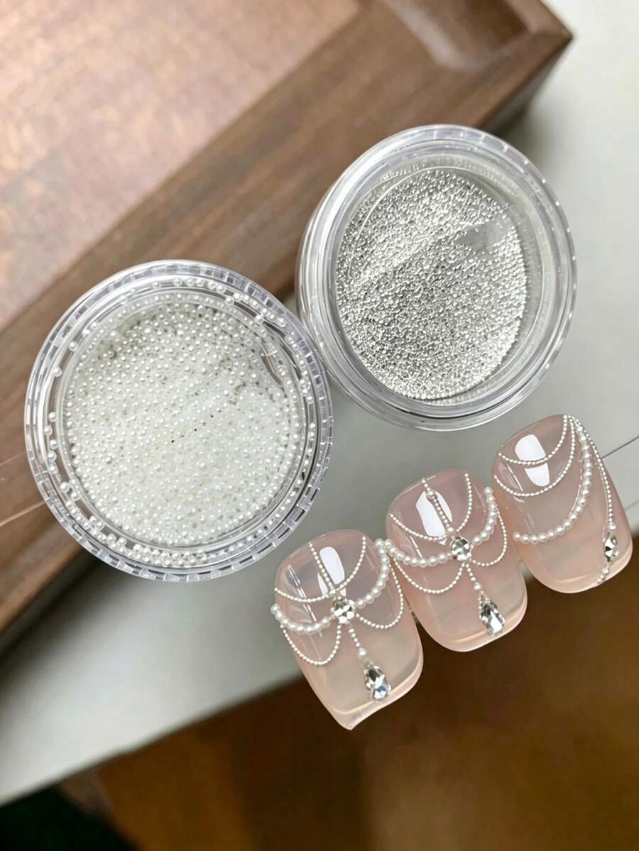 2 Boxes Assorted Mini Irregular Rhinestone & Steel Bead Nail Art Decor, French Rich Girl Style Super Shiny Flat Back Rhinestones, Short Press-On Nails With Storage Box, Manicure Accessories - White - View 1