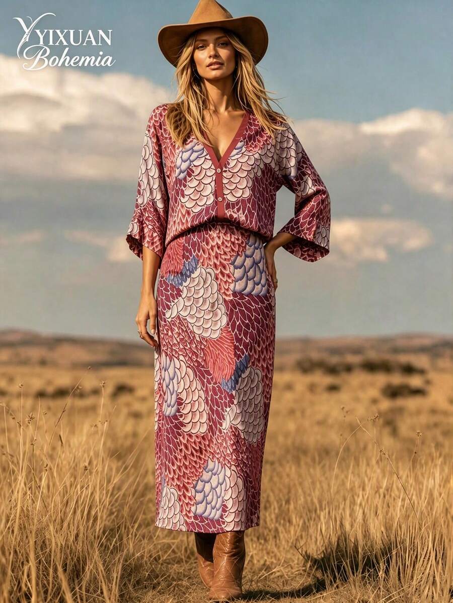YI XUAN Women's Bohemian Style 2-Piece Set: Vintage Leaf Print Cardigan And Skirt; Slightly Stretchy Knit Fabric; V-Neck Design, Elegant Spring/Summer Red