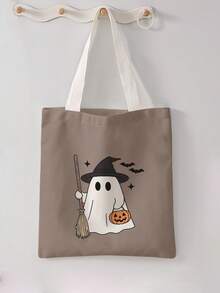 1 buah Tas Tote Kanvas Motif Hantu Kartun Halloween, Tas Bahu Genggam Kapasitas Besar, Tas Belanja yang Dapat Digunakan Kembali untuk Pesta Halloween, Membawa Buku Sehari-hari - MultiWarna - View 12