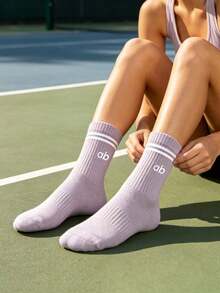 1/3/6 Pairs Women's Solid Color Letter Striped Mid-Calf Socks, Sweat-Absorbent Breathable Sports Socks, Suitable For Fitness, Running, Travel And Daily Wear, College Style - Multicolor - View 4