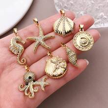 1pc 18K Gold Plated Marine Life Ocean Animals Charms Cubic Zirconia Pendants Starfish Seahorse Shell Turtle For DIY Necklace Jewelry Making - Gold - View 3