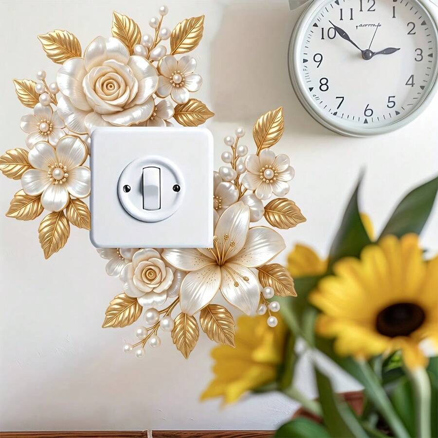 1PC 2D Flat Relief Floral Light Switch Wall Sticker, European Luxury Pearl Rose Wall Decal, Self-Adhesive Wall Switch Decor Sticker For Living Room Bedroom Background Wall - Multicolor - View 1