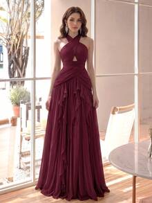 Vestido elegante y sexy para mujer con diseño de patchwork de volantes multicapa, corte acampanado y efecto adelgazante, de lujo, color liso, para fiesta, boda y otoño - Burdeos - Ver 2