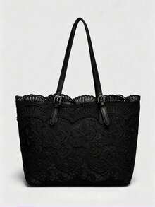 Lace Fairy Style Women's Tote Bag, New Casual Commute Large Capacity Handbag Shoulder Bag - Black - View 3
