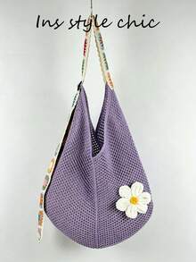 Crochet Flower Decor Colorful Square Crochet Strap Knitted Shoulder Bag Open Closure Spacious Convenient Access Suitable For Travel Vacation Outing Commute Shopping - Purple - View 1