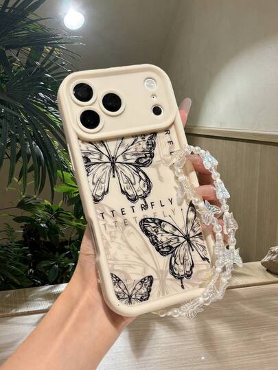 Cream-White Big Camera Window Phone Case, Sketch Butterfly Print With Letter, Butterfly Pearl Beaded Wrist Strap, Soft-Touch Shockproof Cover, Daily Use, Nice Gift For Girls And Besties, Compatible With Apple 13, Apple 15pro Max, Apple 13pro, Apple 17pro Max, S26, S26u, A37, A17, A57, Moto, Reno 14f 5G