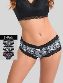 Dircho 3pcs Women Sexy Gothic Chic Contrast Lace Mid-Rise Bikinis - Contrast Lace, Allover Halloween Skull Print Comfortable Hipster Panties For Women - Multicolor - View 1