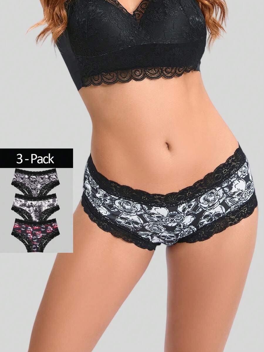 Dircho 3pcs Women Sexy Gothic Chic Contrast Lace Mid-Rise Bikinis - Contrast Lace, Allover Halloween Skull Print Comfortable Hipster Panties For Women - Multicolor - View 1