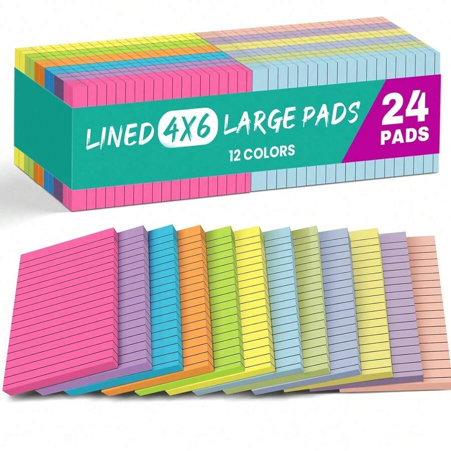 12/24 Pack 4x6 Inch Large Lined Sticky Notes, Multi-Color Memo Pads, 45 Sheets Per Pad, Super Strong Adhesive, Suitable For Office, Home And Planning, Bright Color Student Supplies - one-size - View 1
