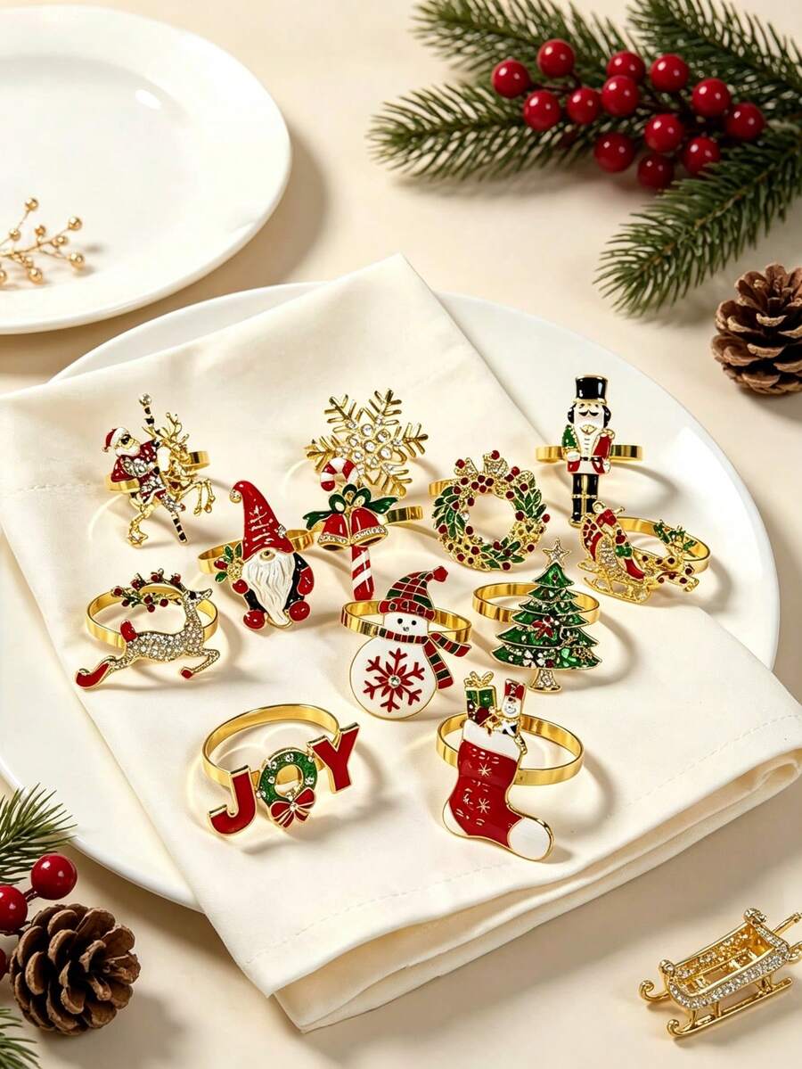 12pcs/6PCS/2PCS Christmas Painted Rhinestone Napkin Rings, Assorted Exquisite Christmas Napkin Rings, Christmas Home Party Table Decor Metal Napkin Rings, Christmas Restaurant Hotel Party Decor