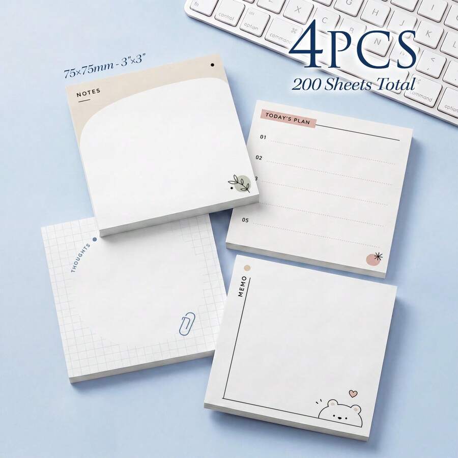 4 Packs 200 Sheets Minimalist Bear Sticky Notes 75x75mm 3x3 Inch, Today's Plan & Grid Thinking Self-Adhesive Memo Pads, Desktop Reminder Notes For Office, School, Home Stationery - 75 X 75 mm - View 1