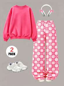 2pcs Girls Outfit Set, Includes Cherry Bow Print Crew Neck Sweatshirt And Random Floral Plaid All-Over Print Wide Leg Pants, Suitable For Spring, Autumn And Winter - Multicolor - View 3
