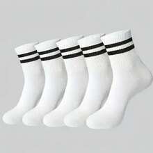 1/5/10 Pairs Black & White Striped Breathable Comfortable Socks, Unisex, Essential For Teens Sports And Back To School - Black and White - View 7