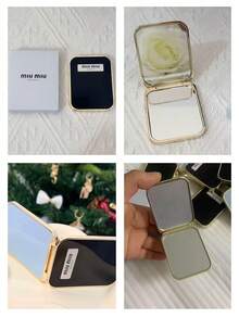 Miu Miu Black Gloss Square Compact Makeup Mirror, Gold Metal Frame Double Sided Pocket Mirror, Normal & Magnifying Portable Travel Hand Mirror Ladies Luxury Mini Beauty Gift MIUMIU-GIFT-17 - Black - View 6