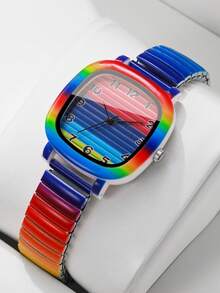 Women's Square Rainbow Gradient Quartz Watch, Elastic Expandable Band Rainbow Gradient Digital Dial Niche Design Wristwatch, Exquisite Gift For Girlfriend (1pc/Set) Watch Box Not Included - Multicolor - View 9