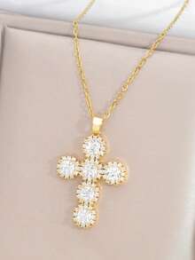 1pc Men's Pendant Necklace, Gold-Tone Copper Material, Cross Pendant Inlaid With CZ, Exquisite Versatile Necklace, Daily Commute Gift - Gold - View 3