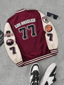 MAISONFOX 男士撞色拼接字母刺繡棒球夾克，秋季休閒畢業返校校隊夾克 - 玫紅色 - 查看 8
