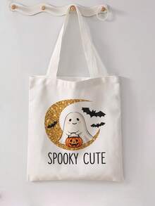 1 buah Tas Tote Kanvas Motif Hantu Kartun Halloween, Tas Bahu Genggam Kapasitas Besar, Tas Belanja yang Dapat Digunakan Kembali untuk Pesta Halloween, Membawa Buku Sehari-hari - MultiWarna - View 14