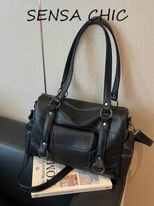 Metal Ring Rivet Decor Double Shoulder Handbag With Multiple Pockets, External Patch Pockets, Side Zipper Compartment, Layered Storage, Main Zipper Anti-Theft Large Capacity For Laptop, Umbrella, Cosmetics, Commuter Essentials, Versatile Tote Bag For Office Workers Daily Commute And Short Trips - Black - View 1