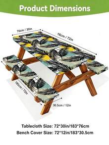 3 Pieces Picnic Tablecloth Set With Bench Cover, Elastic Edge Design, Leaf Pattern With Minimalist Geometric Pattern, Washable Rectangular Tablecloth, Suitable For Wedding, Camping, Picnic, Garden Party And Other Occasions, Practical Essential - D - View 3