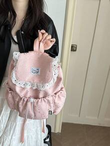 Colorblock Star Decor Backpack, Drawstring Closure Flap Lace Large Capacity, Suitable For Travel, Shopping, Vacation, Japanese Style, Back To School Season - Pink - View 3