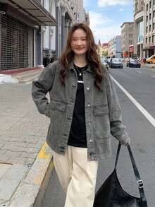 Women's Loose Fit Solid Color Denim Jacket - Grey - View 5