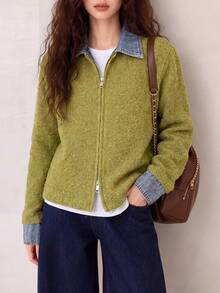 Women's Autumn/Winter Minimalist Casual Vintage Slouchy 2 In 1 Sweater Cardigan Fall - Avocado Green - View 3