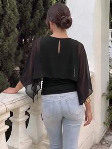 Maternity Round Neck Top For Pregnant Women, Draped Chiffon Sleeves With Side Ruched Detail, High Elasticity Maternity T-Shirt For Casual, Commute And Daily Wear - Black - View 2