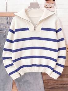 1pc Girls' Teen Fashion Striped Half-Button Front Long Sleeve Warm Knit Sweater, Spring/Autumn/Winter - Blue - View 2