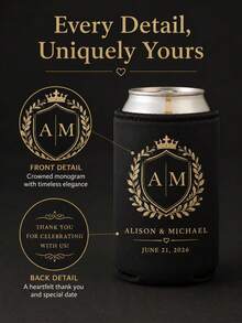 Custom Wedding Koozies, Black Neoprene Can Sleeves Personalized With Monogram , Names, Date And Thank You Message, Elegant Wedding Reception Favors For Guests, Couples And Anniversary Celebrations - Multicolor - View 5