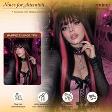 26-Inch Black + Rose Pink Highlighted Long Straight Wig With Thick Manga Bangs To Frame Face Contours, High-Temperature Fiber With Breathable Inner Net And Adjustable Snap Clips, Halloween Sweet & Spicy Devil Subculture Cosplay Prop - Pink Highlight - View 4