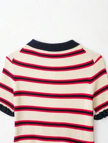 CAREE Women's Spring/Summer White Red Navy Blue Horizontal Striped Peter Pan Collar Ruffle Short Sleeve Cropped Knit Cardigan - Multicolor - View 7