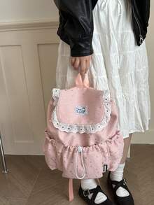 Colorblock Star Decor Backpack, Drawstring Closure Flap Lace Large Capacity, Suitable For Travel, Shopping, Vacation, Japanese Style, Back To School Season - Pink - View 2