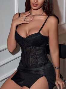 ApperlothPOP Regata Corset Romântica Palácio Preto em Tule Transparente com Renda Floral, Aro com Barbatanas, Taça e Alças Ajustáveis, Modelador para Halloween, Festa, Encontro e Noite - Preto - Visão 7
