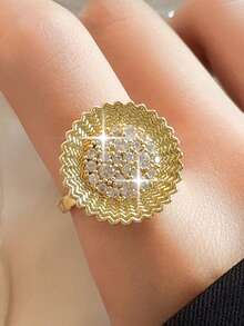 1pc Exquisite 3d Sunflower Cubic Zirconia Circle Shaped Personalized Openable Rings For Women's Daily Wear Valentines,Fit For Party,Birthday Gift - Yellow Gold - View 2