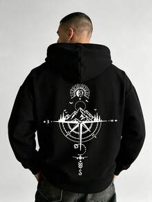 1item,Men's Cotton Tops,With The Sun,Clouds And Mountain Pattern,Simple And Loose-Fitting Men's Hooded Sweatshirt,Long Sleeve. - 黑色 - 查看 1