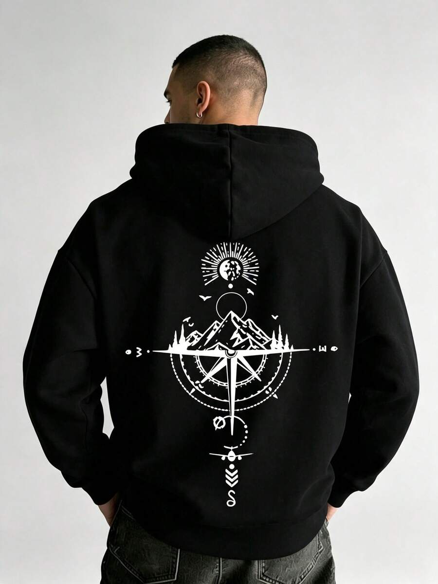 1item,Men's Cotton Tops,With The Sun,Clouds And Mountain Pattern,Simple And Loose-Fitting Men's Hooded Sweatshirt,Long Sleeve. - 黑色 - 查看 1