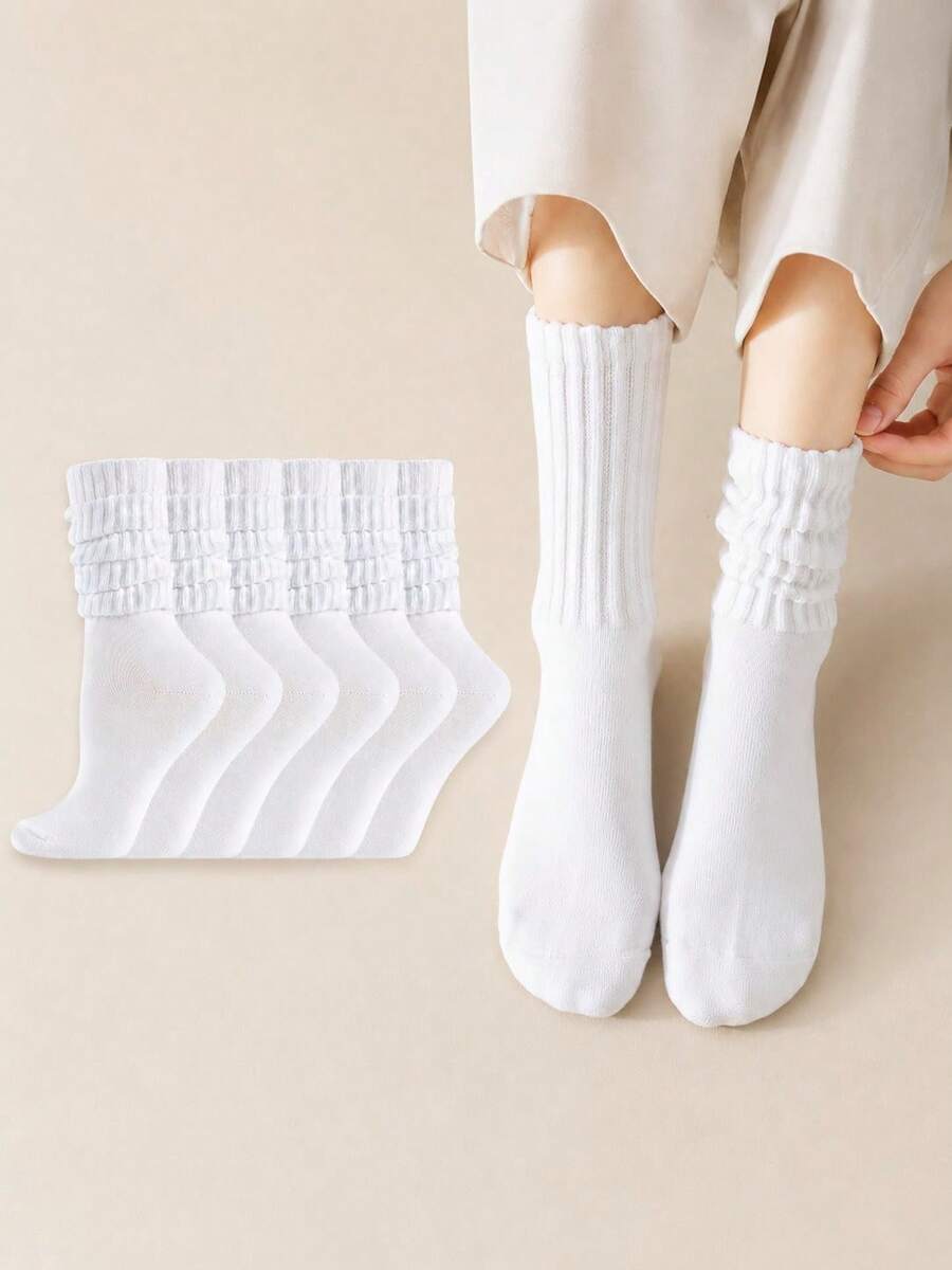 Women Ruffled Edge Ribbed Slouch Socks, Soft Breathable Solid Color Mid Calf Stackable Socks, Comfort Casual Crew Socks For Ladies, Suitable For Daily Street Outfit, Campus Wear, Matching Skirts, Home Leisure, All Season Daily Casual Matching - Multicolor - View 1