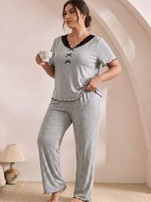 Plus Size Women's Casual V-Neck Lace Patchwork Bow Pajama Set, Frill Trim Loungewear, Comfortable And Breathable - Light Grey - View 7