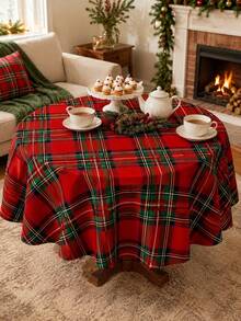 1pc Red Plaid Table Cloth, Classic Christmas Polyester Round Tablecloth With Tartan Checkered Pattern, Washable Decorative Table Cover For Dining Table, Kitchen, Holiday Party, Wedding, Home Decor And Indoor Outdoor Use - Multicolor - View 4